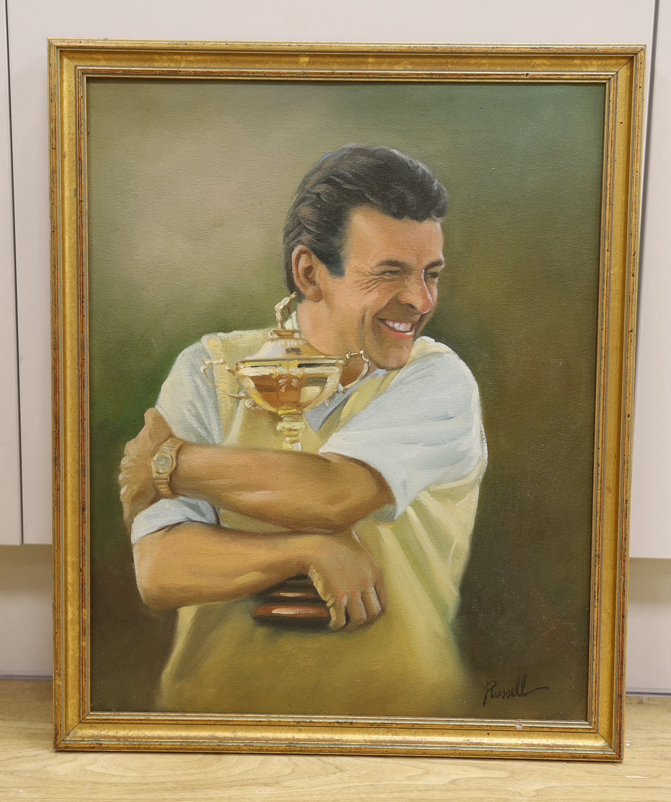 Russell, oil on canvas, Tony Jacklin embracing a trophy, 49 x 39cm